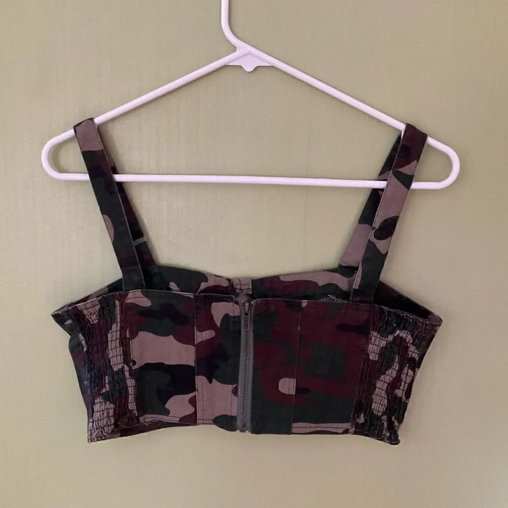 Camo Cropped Bustier, Medium. Smocked Zip up Back. Adorable!